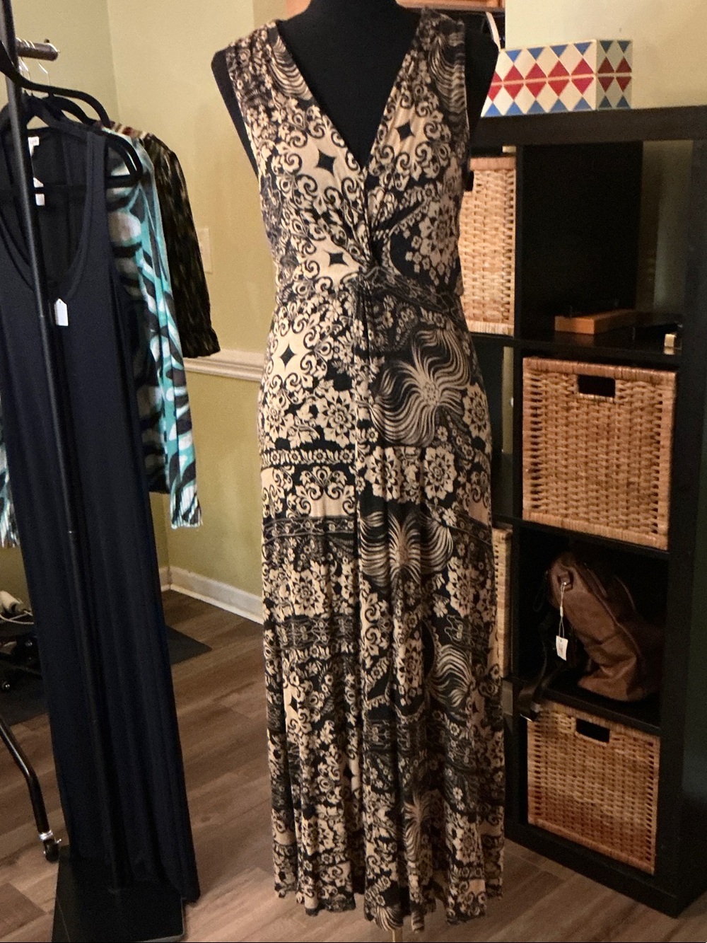 Anthropologie Black and Cream Sleeveless Twist-Front Maxi Dress